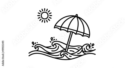 Vector illustration of a beach umbrella standing in wavy ocean water under a sun, isolated on transparent background