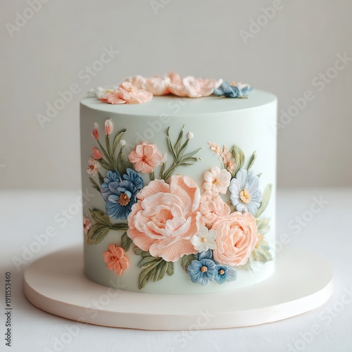 Decorative cake with floral design in pastel colors placed on a simple white surface