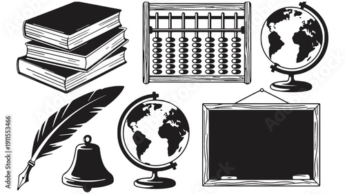School icon set including books, globe, and blackboard illustration
