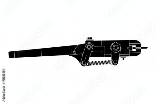 Industrial Tool Silhouette: A detailed silhouette of an industrial tool, featuring intricate mechanical components and functional design, is presented against a stark background.