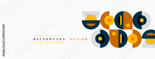Abstract geometric shapes, muted colors, modern design elements. Background features repeating circular motifs, simple typography.