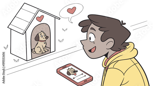Digital Companion: a young individual engages with their animal friend, using their technological device to stay in touch with their pet, and in love.