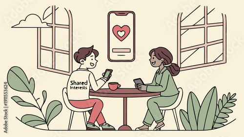 Connected Romance: An illustration captures the essence of modern dating, a couple, connected by shared interests, engaged in a conversation, framed by a window, amidst a setting of a cozy cafe.