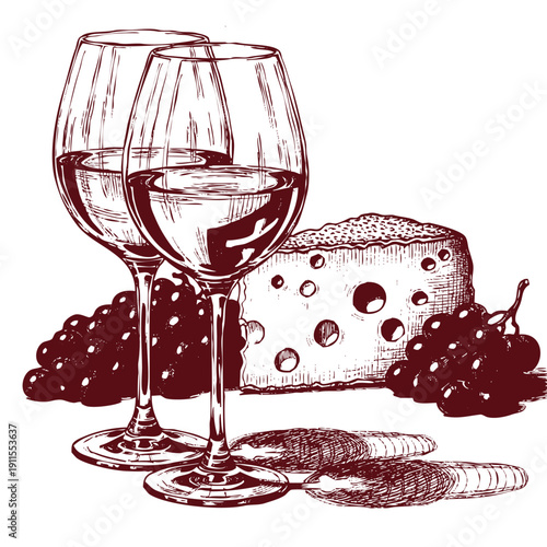 Elegant wine glasses with cheese and grapes on table