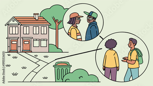 Neighborhood Conversations: Depicts a suburban home and scenes of friendly interaction between people in a residential neighborhood.