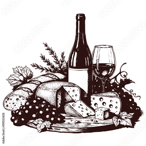 Wine and cheese platter with grapes and bread illustration
