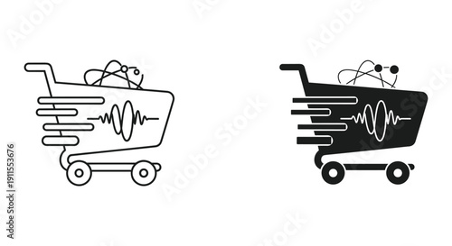 Shopping cart with heartbeat line illustration isolated on white background for retail and health concepts