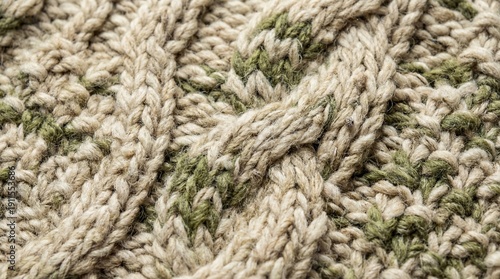 Macro Detail of Thick Hand-Knitted Wool Sweater with Chunky Cable Knit Weave