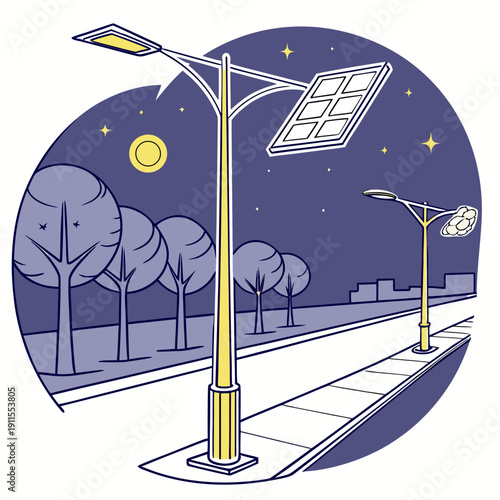 Efficient Solar Powered Smart Street Lighting System at Night, Sustainable Urban Illumination and Green City Tech
