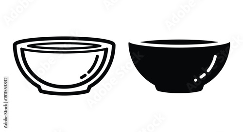 Black and White Illustration of Two Bowls Isolated on White Background, Simple Design
