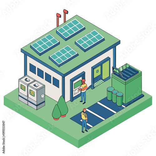 Isometric View of Sustainable Battery Recycling Plant, Eco-Friendly Industrial Facility and Green Energy Future
