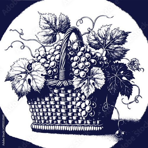Basket of Grapes: A meticulously detailed illustration captures the abundance of nature's bounty, showcasing a woven basket brimming with plump grapes and vibrant grape leaves.