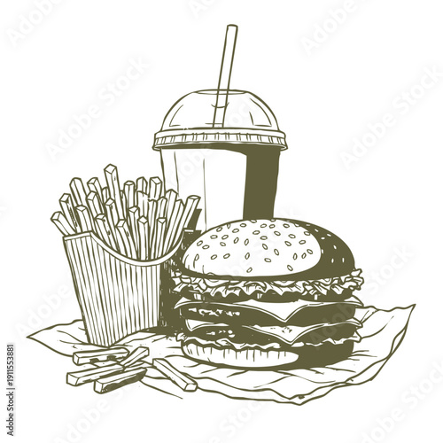 Delicious Delight: An enticing illustration showcases a mouthwatering burger, crispy fries, and a refreshing drink, a tempting ensemble perfect for food lovers.