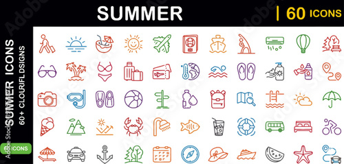 Collection of colorful summer-themed icons featuring various objects and activities related to vacation, outdoors, and leisure