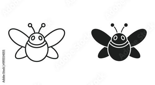 Simple black and white bee illustrations with smiling face and outstretched wings