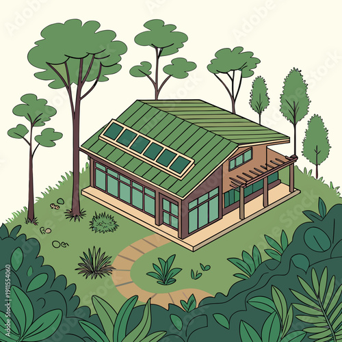 Sustainable Eco Hotel in a Lush Rainforest with Solar Canopies, Promoting Green Tourism and Harmonious Living with Nature
