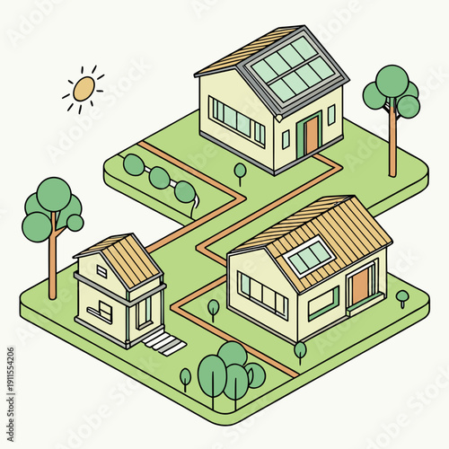 Sustainable Modular Eco Homes Connected by Solar Panels, Showcasing Green Architecture and Energy-Efficient Community Living