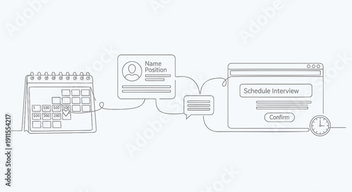 Vector illustration of a calendar connecting to a clock and computer to schedule an interview online