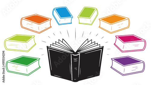 Book vector illustration with colorful books surrounding an open black book