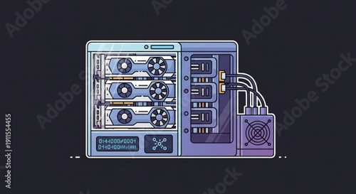 Futuristic computer server with exposed internal components and wires on dark background with blue and purple hues
