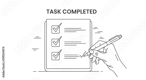 Vector illustration of a hand holding a pen checking off a task on a to-do list with a checkbox
