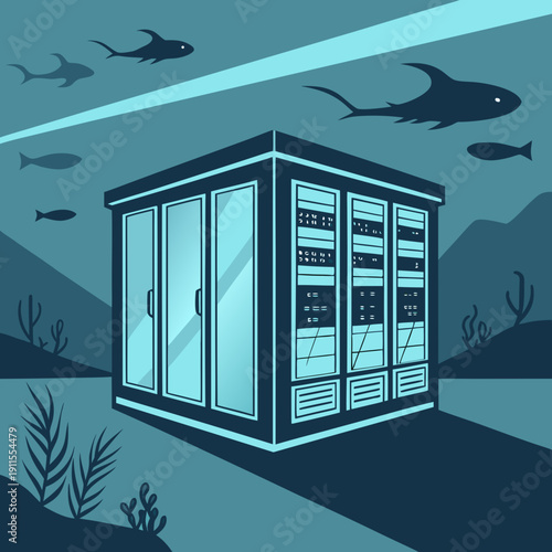 Futuristic Underwater Data Center Powered by Clean Ocean Currents, Utilizing Sustainable Energy for High-Tech Server Infrastructure.