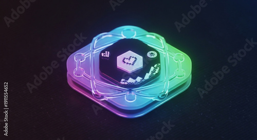 Neon lit hexagonal device with glowing purple blue and green lights on a dark background futuristic technology concept