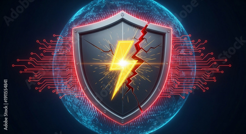 Cracked shield with lightning bolt and circuit board elements on dark background symbolizing cyber security breach or vulnerability