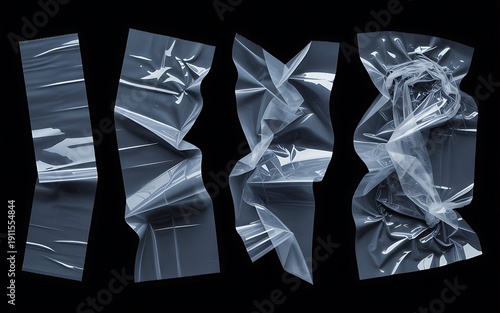 Crumpled Transparent Plastic Wrap and Tape Strips Isolated on Black Background, realistic clear adhesive overlays, perfect for poster design elements