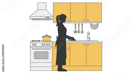 Kitchen woman standing in front of yellow cabinets and sink