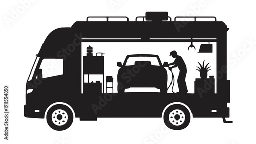 Caravan interior with a man washing a car inside