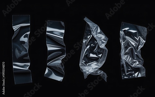 Crumpled Transparent Plastic Wrap and Tape Strips, Adhesive Texture Overlay for Poster Design and Mockup
