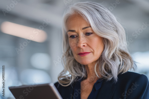 Portrait of a woman in her 70s with elegant gray hair, working in an office