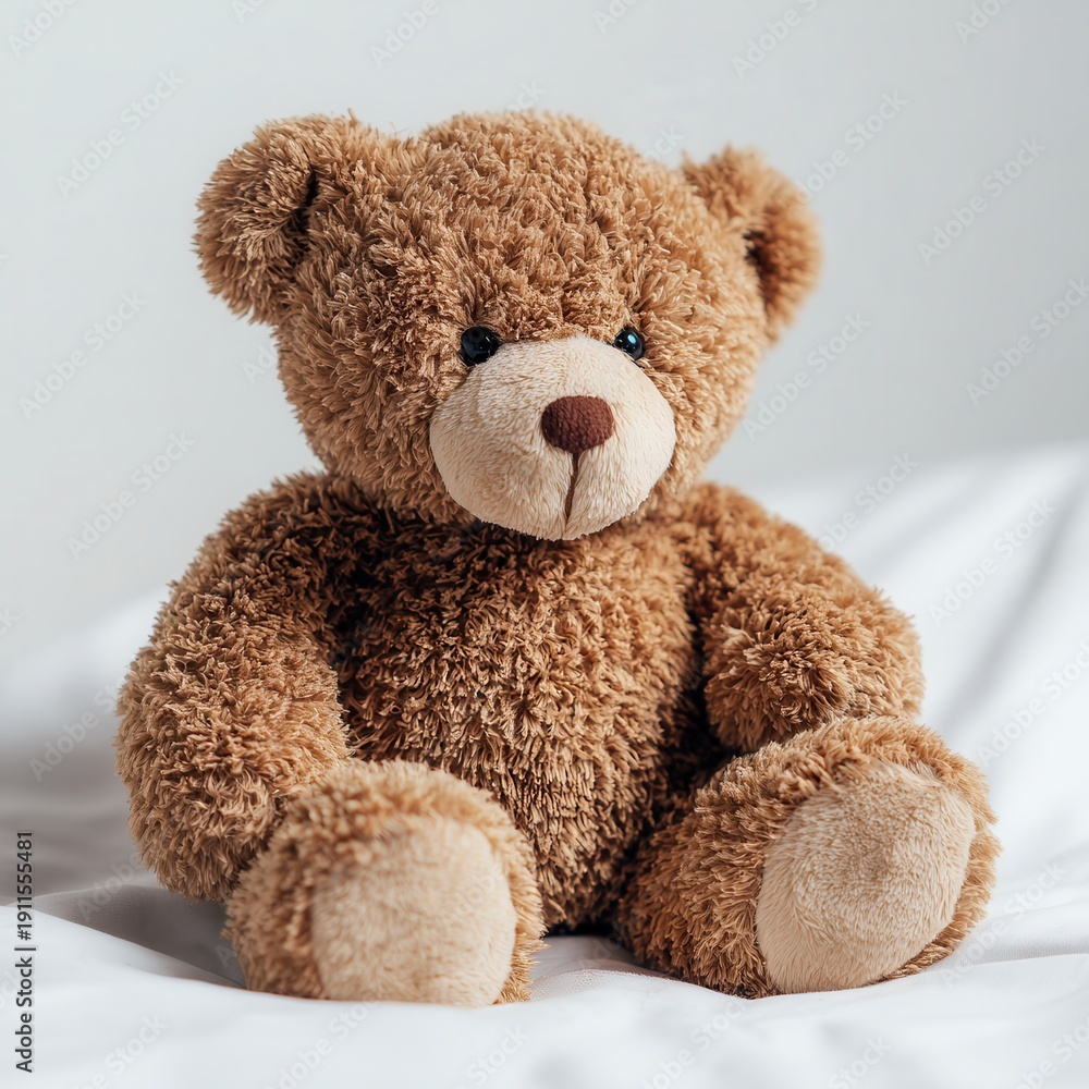Fototapeta premium Soft brown teddy bear sits on a white bedspread in a cozy room during daylight hours