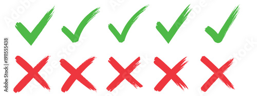 Check mark icons set. Green brush stroke check mark, tick symbols, checklist signs. Grunge brush stroke signs. Grunge checkmark design. Dirty grunge stroke checkmark sign vector illustration Handdrawn