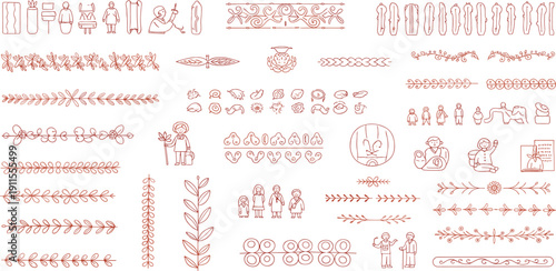 Collection of various decorative elements and ornaments in red tone on a clean background viewed from directly above