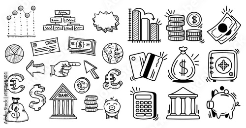 Hand Drawn Bank and Finance Doodle Illustration Set