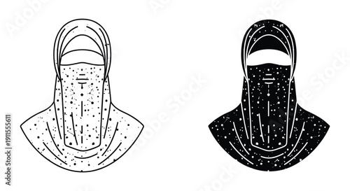 Muslim Woman Wearing Niqab, Black and White Illustration, Simple Background