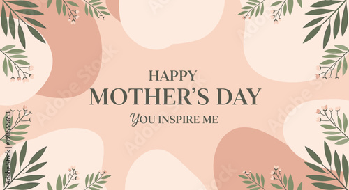 Mother's Day greeting card with green leaves on peach background