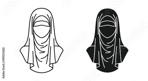 Muslim Woman Wearing Hijab, Simple Line Art Illustration, Black and White