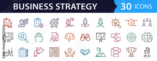 Collection of thirty business strategy icons displayed in a grid layout on a neutral background