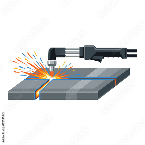 Close-up of a welding torch emitting vibrant, hot sparks as it cuts through metal plates, illustrating industrial precision and skilled craftsmanship