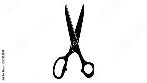 A pair of sharp black scissors with a visible screw in the middle. Vector