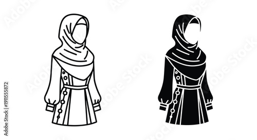 Two medieval women in traditional hooded cloaks standing side by side vector illustration isolated on white background