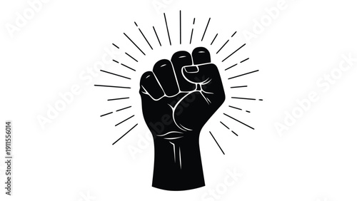 A powerful black fist with radiating lines symbolizing strength and unity. Vector