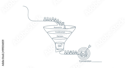 Vector illustration of a funnel with people flowing into a target, symbolizing marketing strategy and conversion optimization
