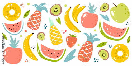 Colorful illustration featuring a variety of fresh fruits on a white background