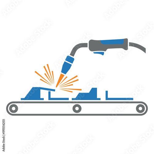 Automated manufacturing process Welding torch emitting vibrant, hot sparks on a conveyor belt, symbolizing industrial production and precision engineering