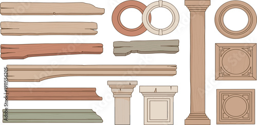 Illustration of various architectural elements including columns and moldings from different viewpoints in a clean setting