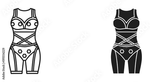 Bondage Bodysuit Illustration in Black and White on White Background